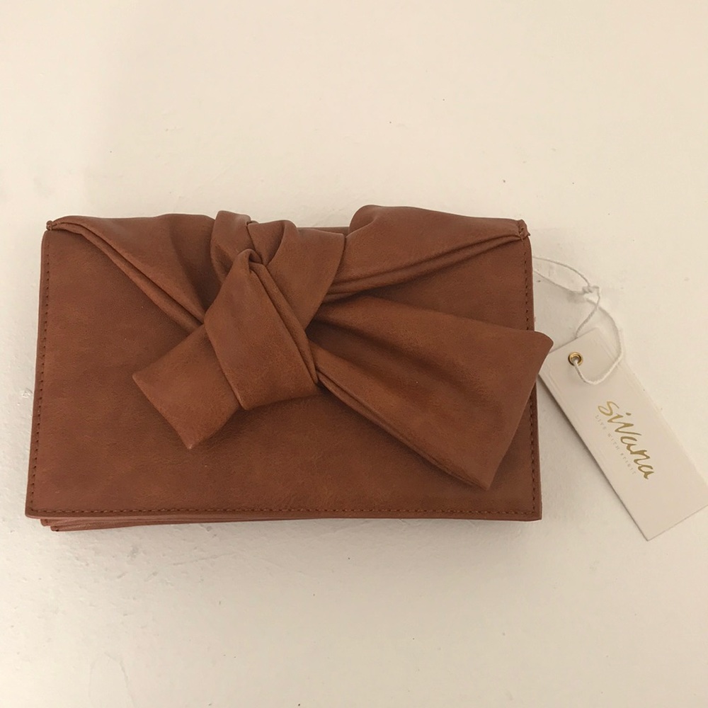 Brown PU leather clutch with ribbon accent